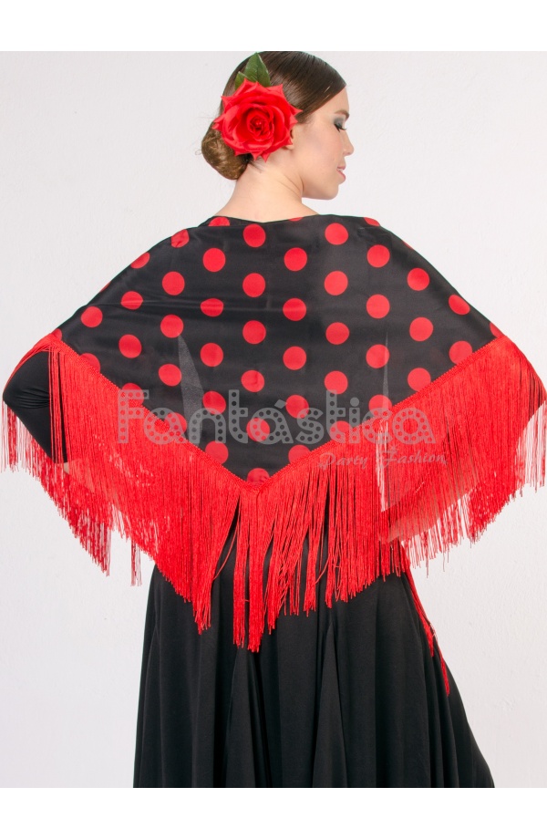 Mantón GRANDE de mujer color rojo con estampado negro de flores con flecos  rojos (190x90cm) - MGR-NGR-426