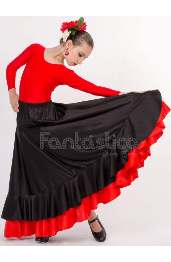 linda jerarquía bar Falda de Flamenca / Sevillana con Volantes para Niña y Mujer Color Negro y  Roja Lisa