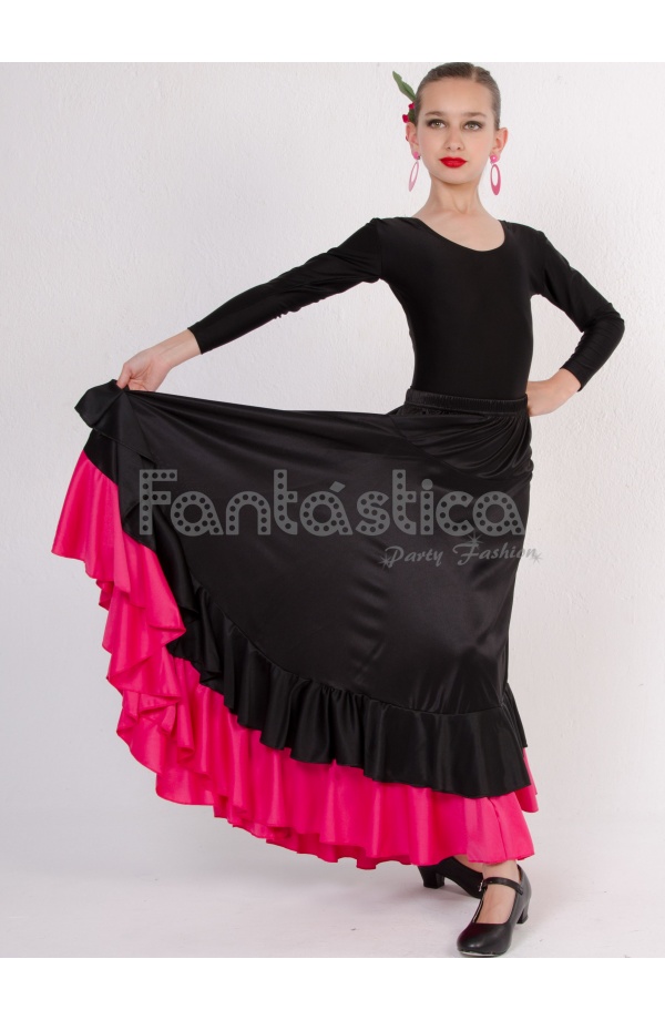 Falda de Flamenca / Sevillana con Volantes para Niña y Mujer Color Negro y  Fucsia Lisa