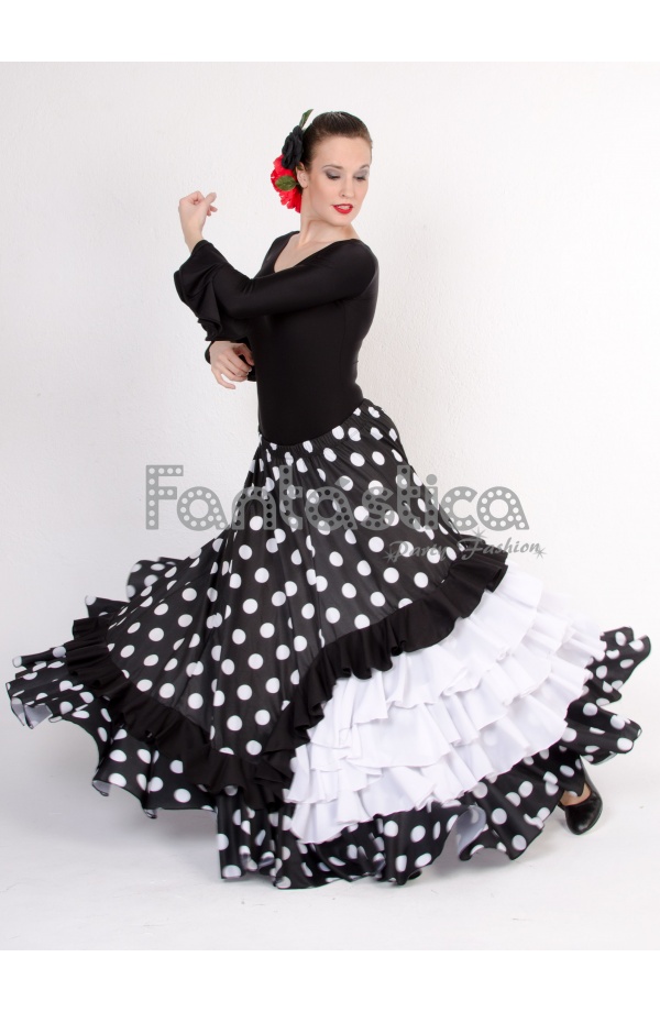 Falda de Flamenca / Sevillana con Volantes para Niña y Mujer Color Negro  Lunares Rojos