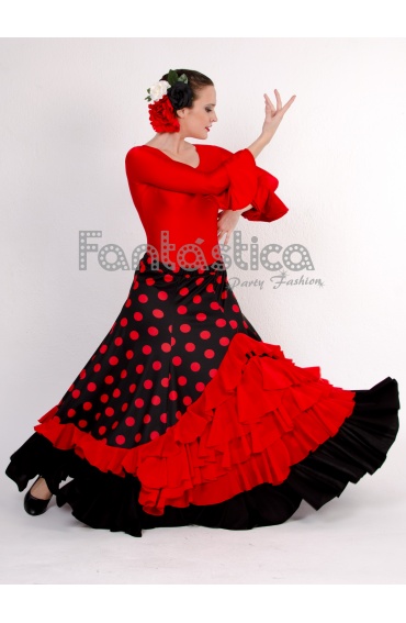 Falda de Flamenca / Sevillana para Mujer con Volantes y Lunares Naranja y  Negro