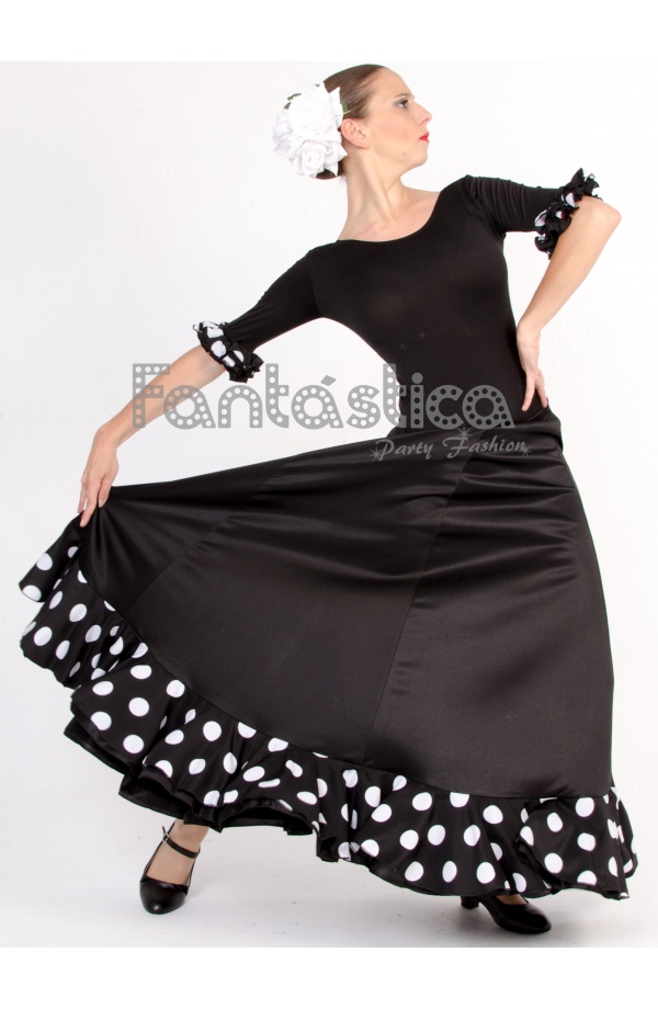 Costumizate! Faldas de baile flamenco negra con 3 volantes a lunares.