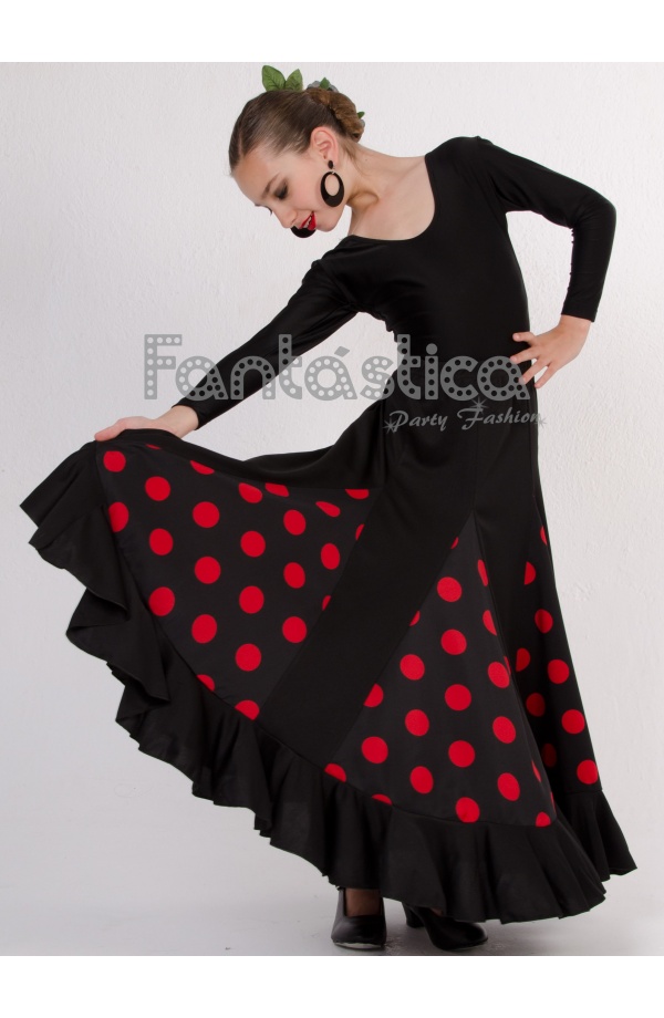 Falda de flamenco de niña negra lunares rojos