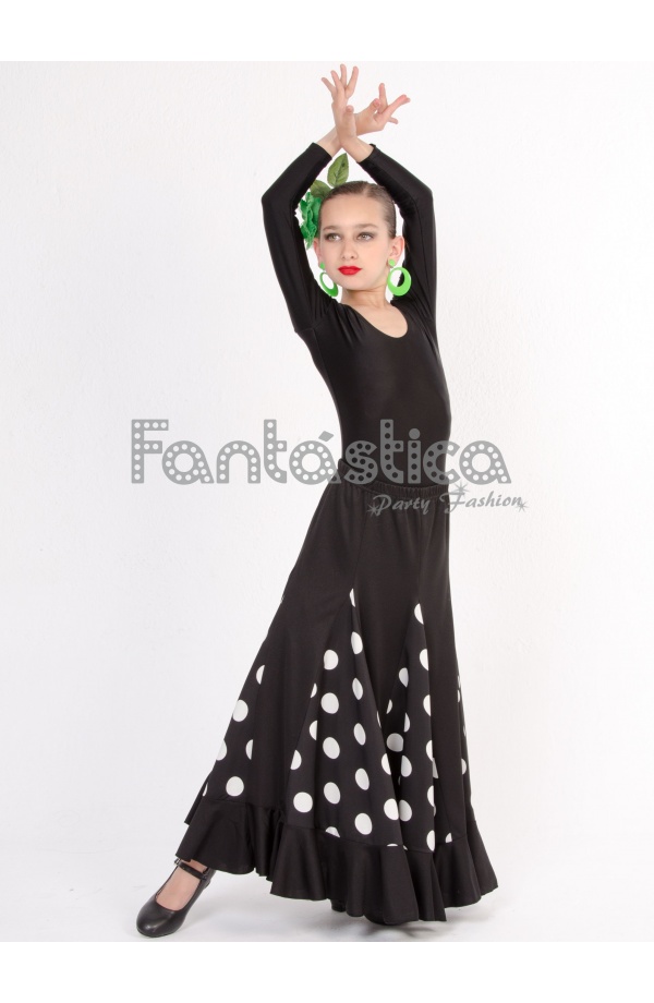 solo prima Todopoderoso Falda de Flamenca / Sevillana con Volantes para Niña y Mujer Color Negro  Lunares Blanco