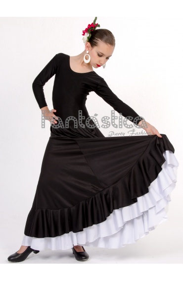 Falda de niña de baile flamenco o sevillanas de 5 volantes en cascada con  estampado y topos negros - AliExpress