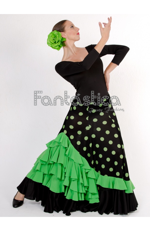 Falda de Flamenca / Sevillana con Volantes para Niña y Mujer Color Negro  Lunares Fucsia