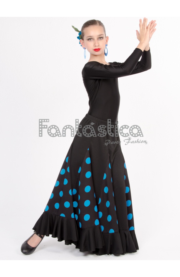 Vestido de Flamenca / Sevillana para Mujer Color Negro y Azul Turquesa con  Lunares II