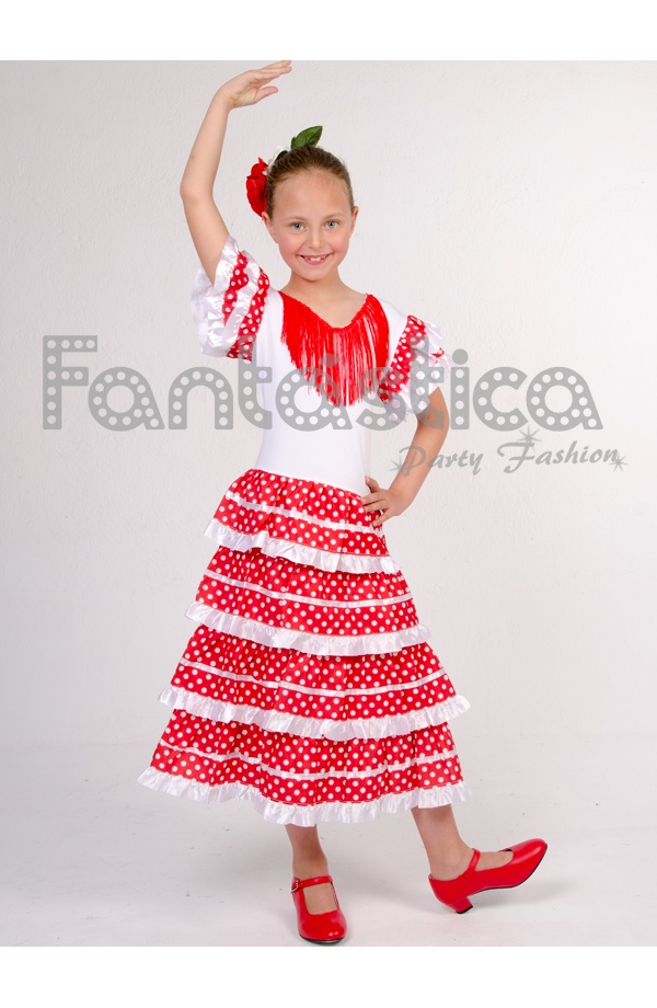 Vestido De Flamenca Sevillana Para Niña Color Rojo Con Lunares