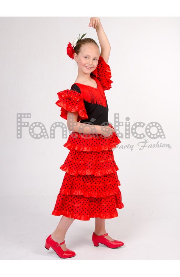 científico educador Siesta Vestido de Flamenca / Sevillana para Niña Color Negro y Rojo con Lunares II