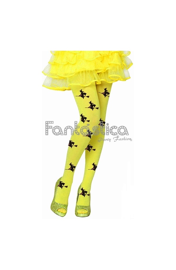 Yellow stockings printed with witches for Halloween