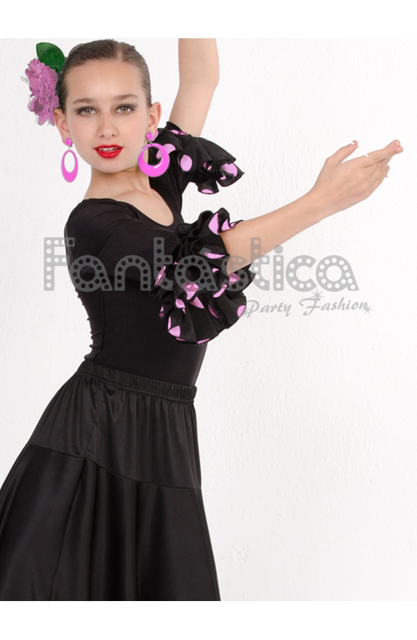 Flamenco Black Leotard with Fuchsia Polka Dots for Girl and Woman II