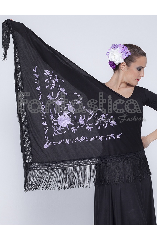 Mantón De Flamenca Para Mujer Mantón Flamenco Para Mujer Bordado Con Flores Color Negro Y Lila I 