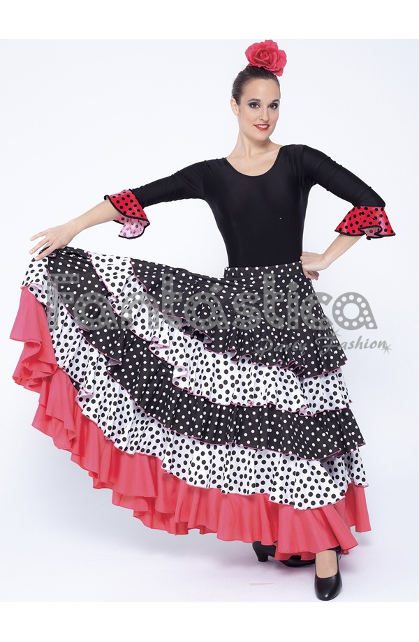 agencia Evaluable celestial Falda de Flamenca / Sevillana para Mujer con Volantes y Lunares Blanco,  Negro y Coral