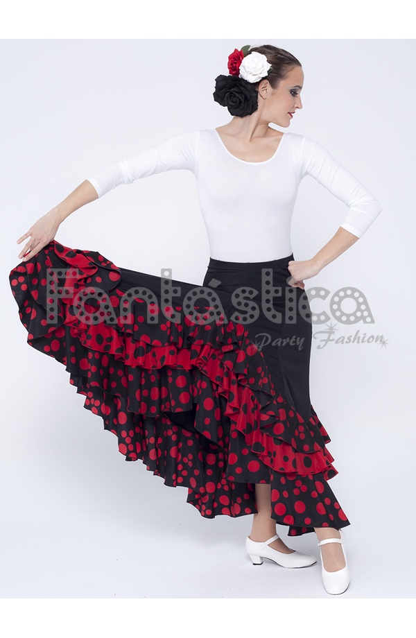 Falda de Flamenca / Sevillana para Mujer con Volantes Color Negro Lunares  Rojos III