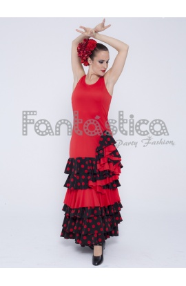 Vestido de Flamenca / Sevillana para Mujer Color Negro y Coral con Lunares