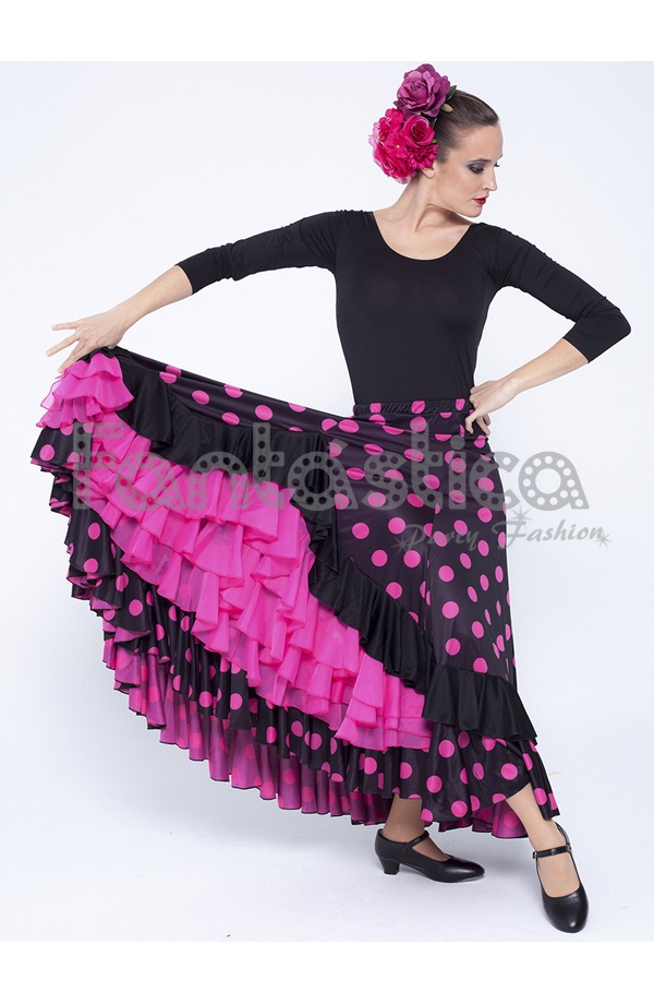 Falda de Flamenca / Sevillana para Mujer con Volantes y Lunares Fucsia y  Negro
