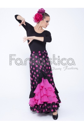 Falda de Flamenca / Sevillana para Mujer con Volantes y Lunares Fucsia y  Negro