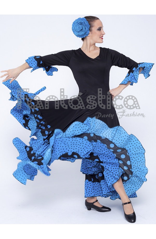 Falda de Flamenca / Sevillana para Mujer con Volantes y Lunares Azul y Negro
