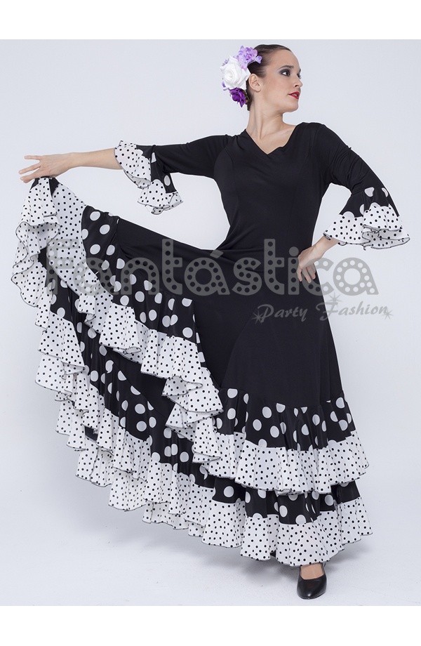 Disfraz de Sevillana para Mujer Negro Lunar Blanco