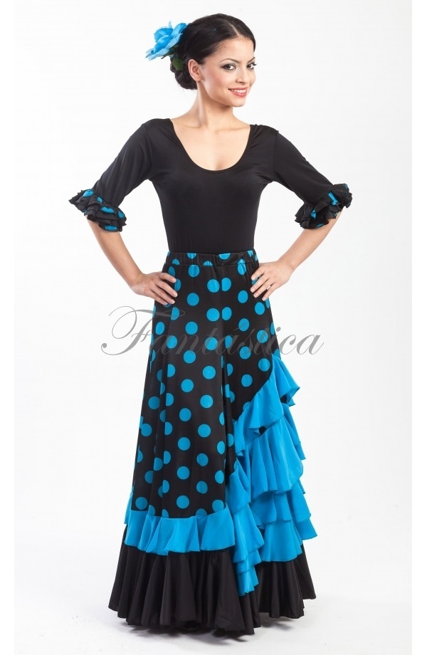 étnico Cuarto Final Falda de Flamenca / Sevillana para Mujer con Volantes y Lunares Azul y Negro